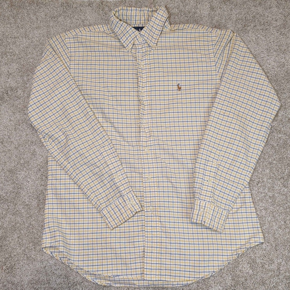 Ralph Lauren Custom Fit Button Down Shirt Mens Large Yellow Blue Check Plaid L